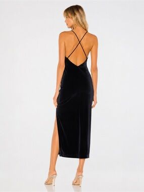 Bardot Navy Blue Velvet Midi Dress, Open Back Evening Dress with High Slit XS